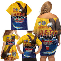 American Samoa Fautasi Family Matching Off Shoulder Short Dress and Hawaiian Shirt Bald Eage and Sailfish with Kakau Motifs LT03 - Polynesian Pride