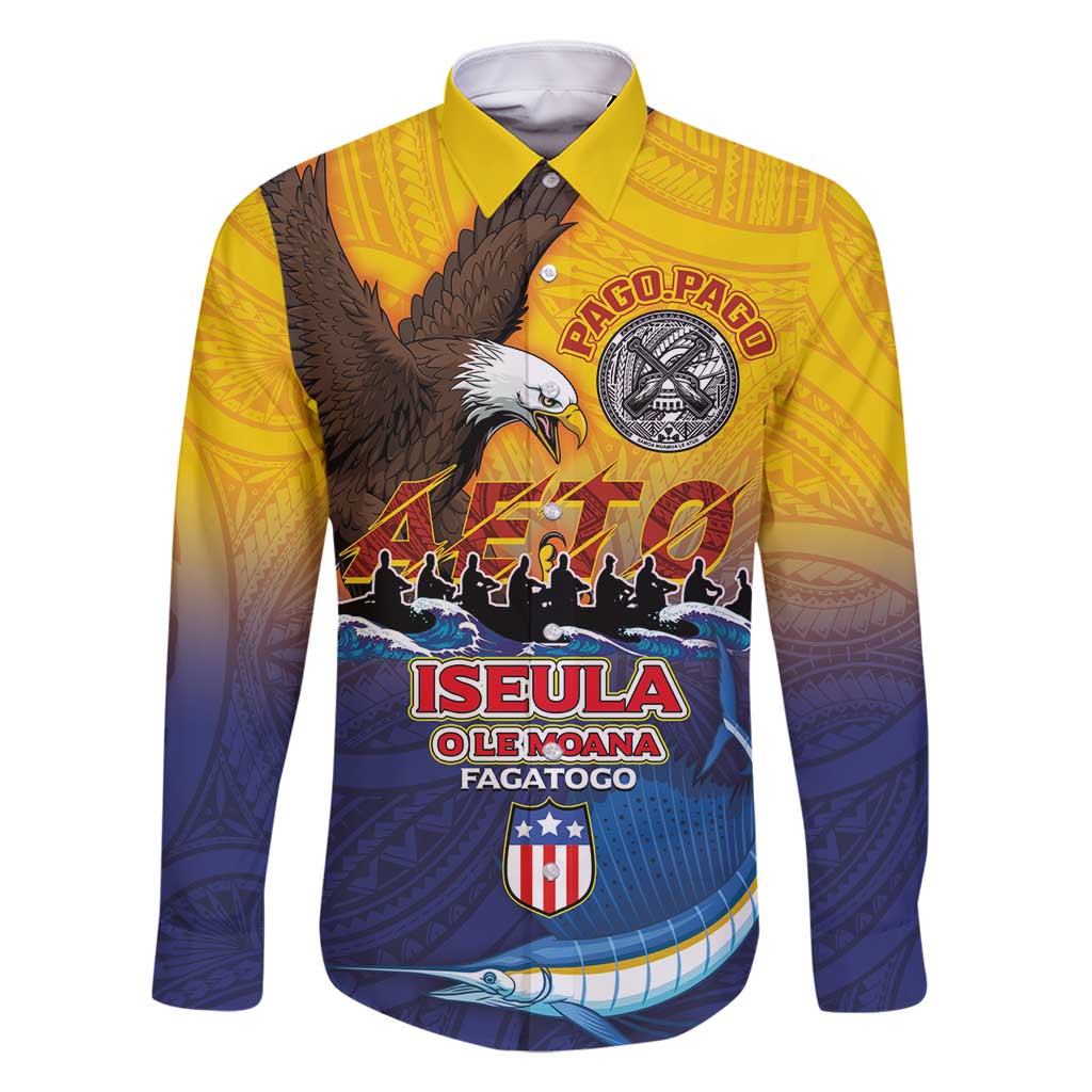 American Samoa Fautasi Family Matching Off Shoulder Short Dress and Hawaiian Shirt Bald Eage and Sailfish with Kakau Motifs LT03 Dad's Shirt - Long Sleeve Yellow - Polynesian Pride