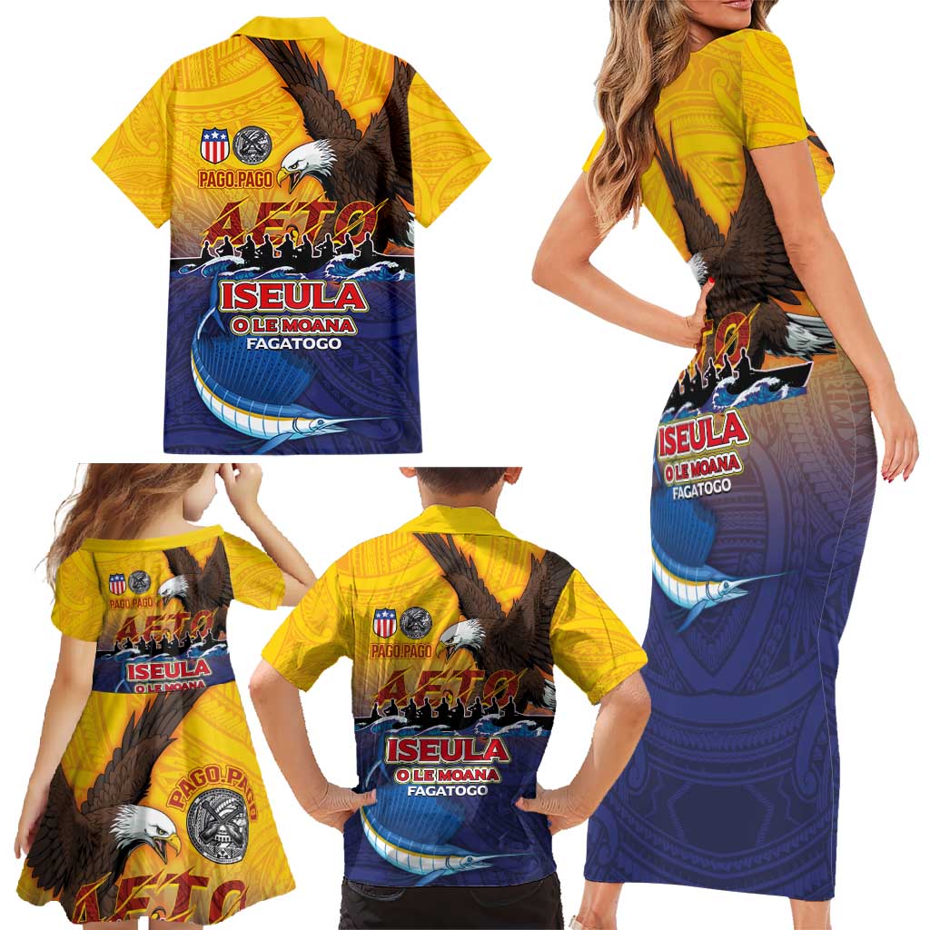 American Samoa Fautasi Family Matching Short Sleeve Bodycon Dress and Hawaiian Shirt Bald Eage and Sailfish with Kakau Motifs LT03 - Polynesian Pride