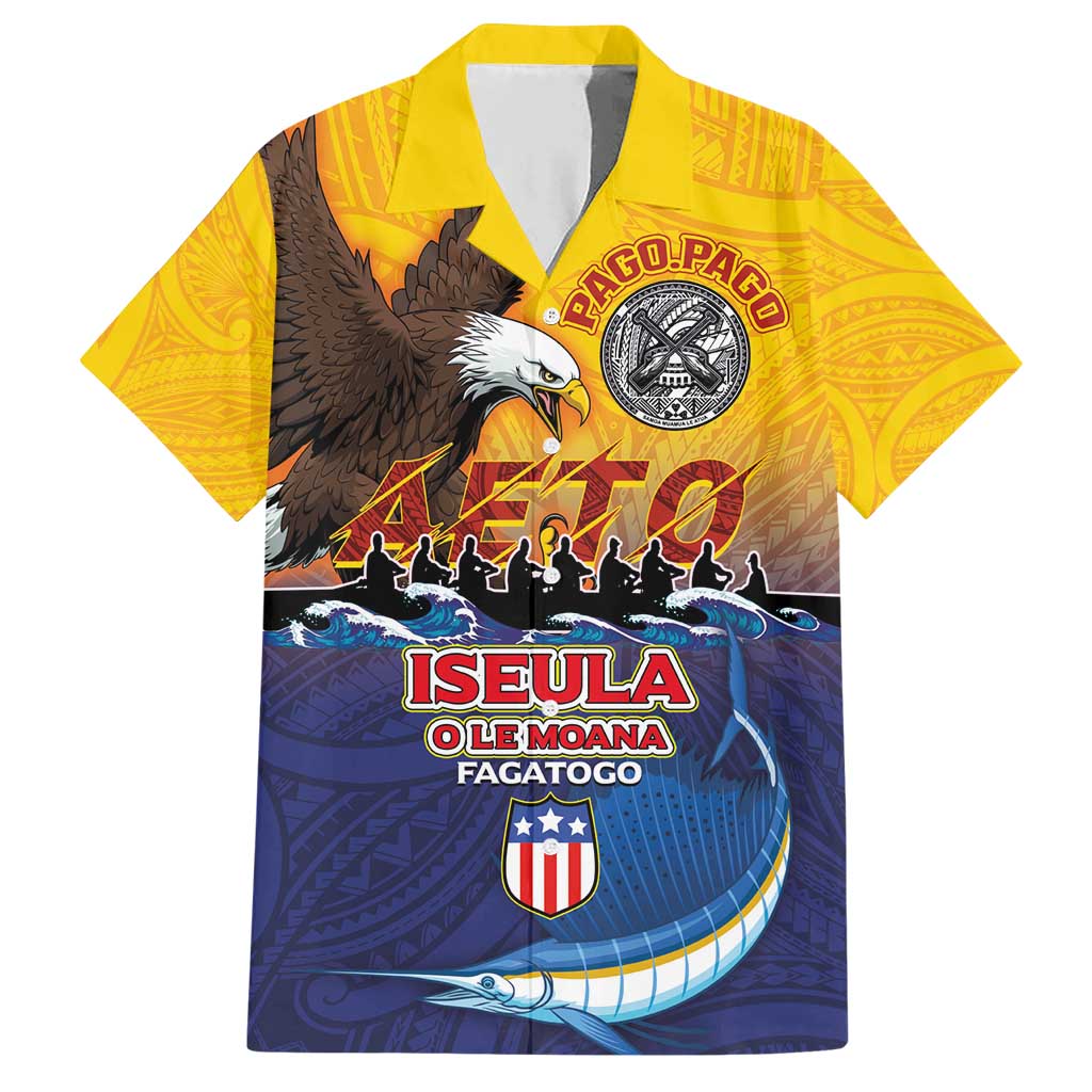American Samoa Fautasi Family Matching Short Sleeve Bodycon Dress and Hawaiian Shirt Bald Eage and Sailfish with Kakau Motifs LT03 Dad's Shirt - Short Sleeve Yellow - Polynesian Pride