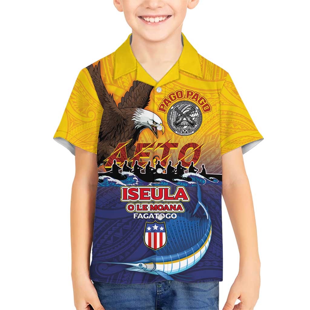 American Samoa Fautasi Family Matching Summer Maxi Dress and Hawaiian Shirt Bald Eage and Sailfish with Kakau Motifs LT03 Son's Shirt Yellow - Polynesian Pride