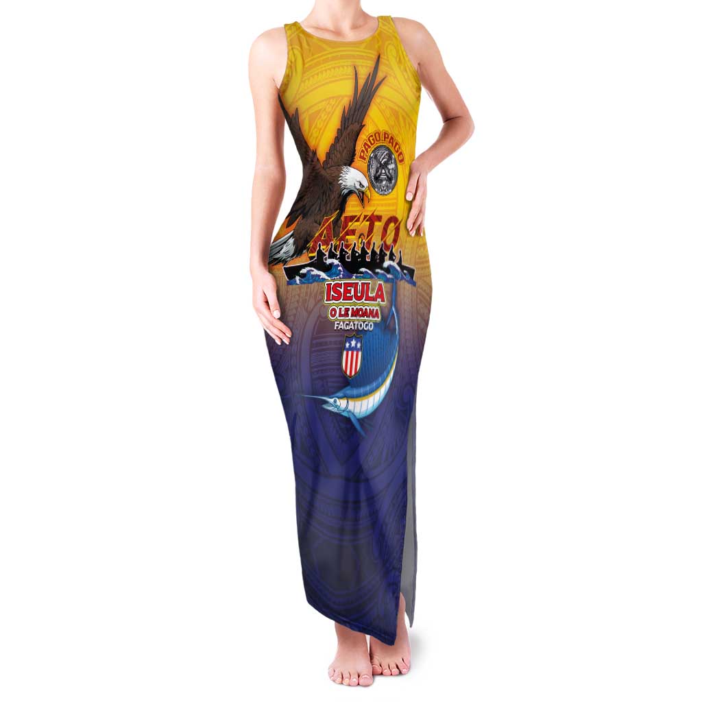 American Samoa Fautasi Family Matching Tank Maxi Dress and Hawaiian Shirt Bald Eage and Sailfish with Kakau Motifs LT03 Mom's Dress Yellow - Polynesian Pride