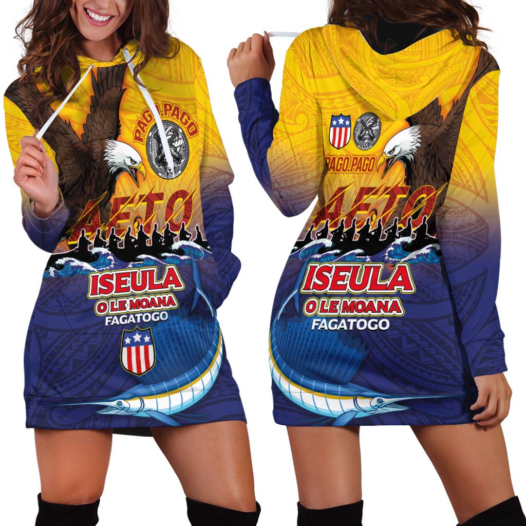 American Samoa Fautasi Hoodie Dress Bald Eage and Sailfish with Kakau Motifs LT03 - Polynesian Pride