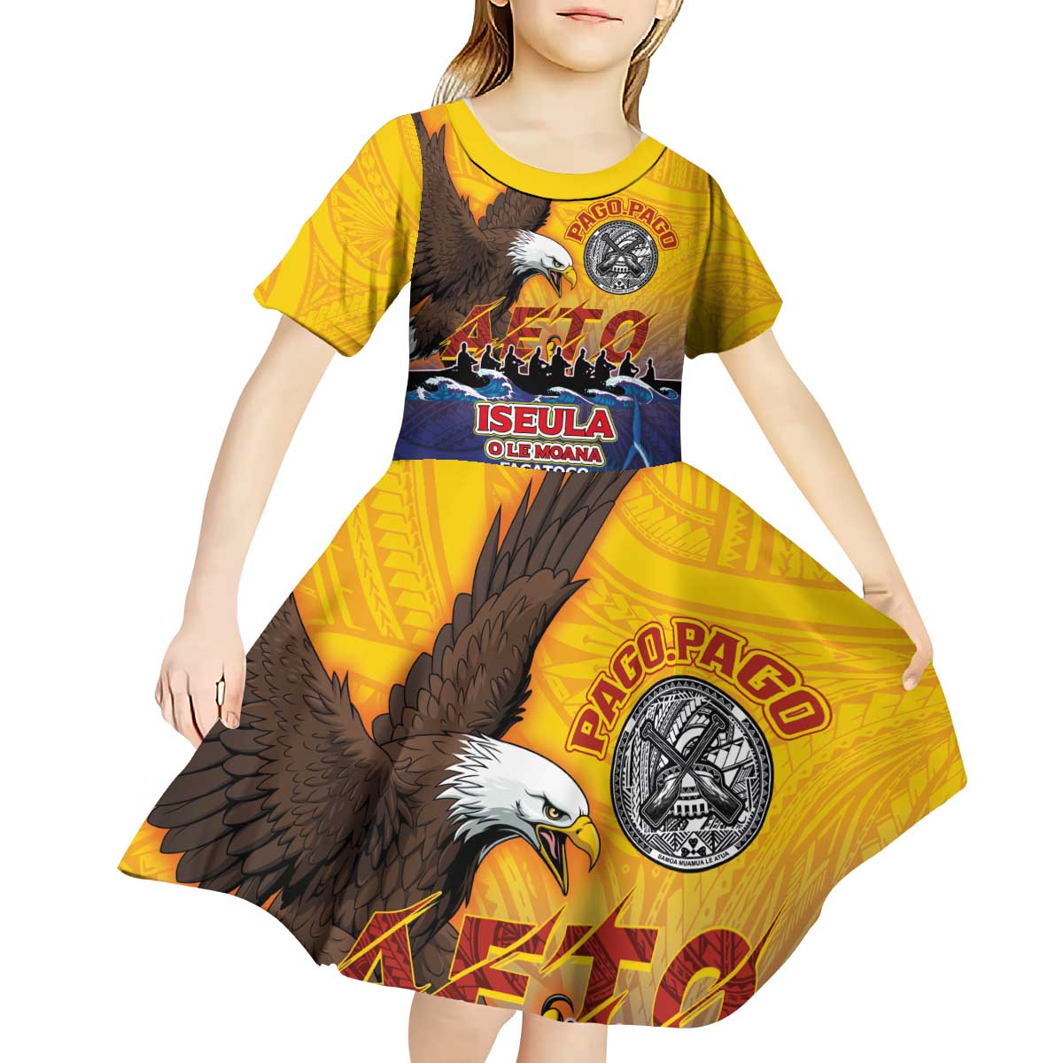 American Samoa Fautasi Kid Short Sleeve Dress Bald Eage and Sailfish with Kakau Motifs LT03 - Polynesian Pride