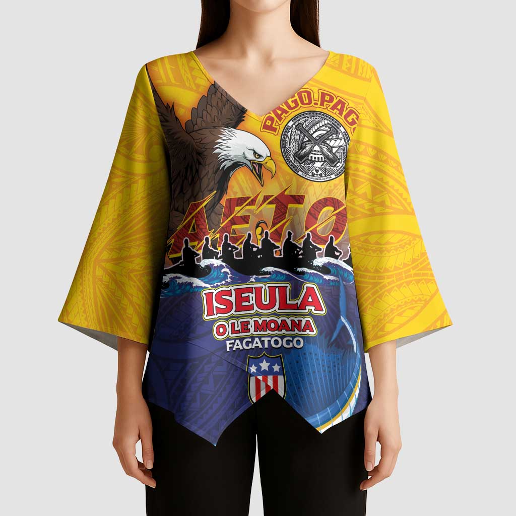 American Samoa Fautasi Kimono Sleeve Blouse Bald Eage and Sailfish with Kakau Motifs - Polynesian Pride