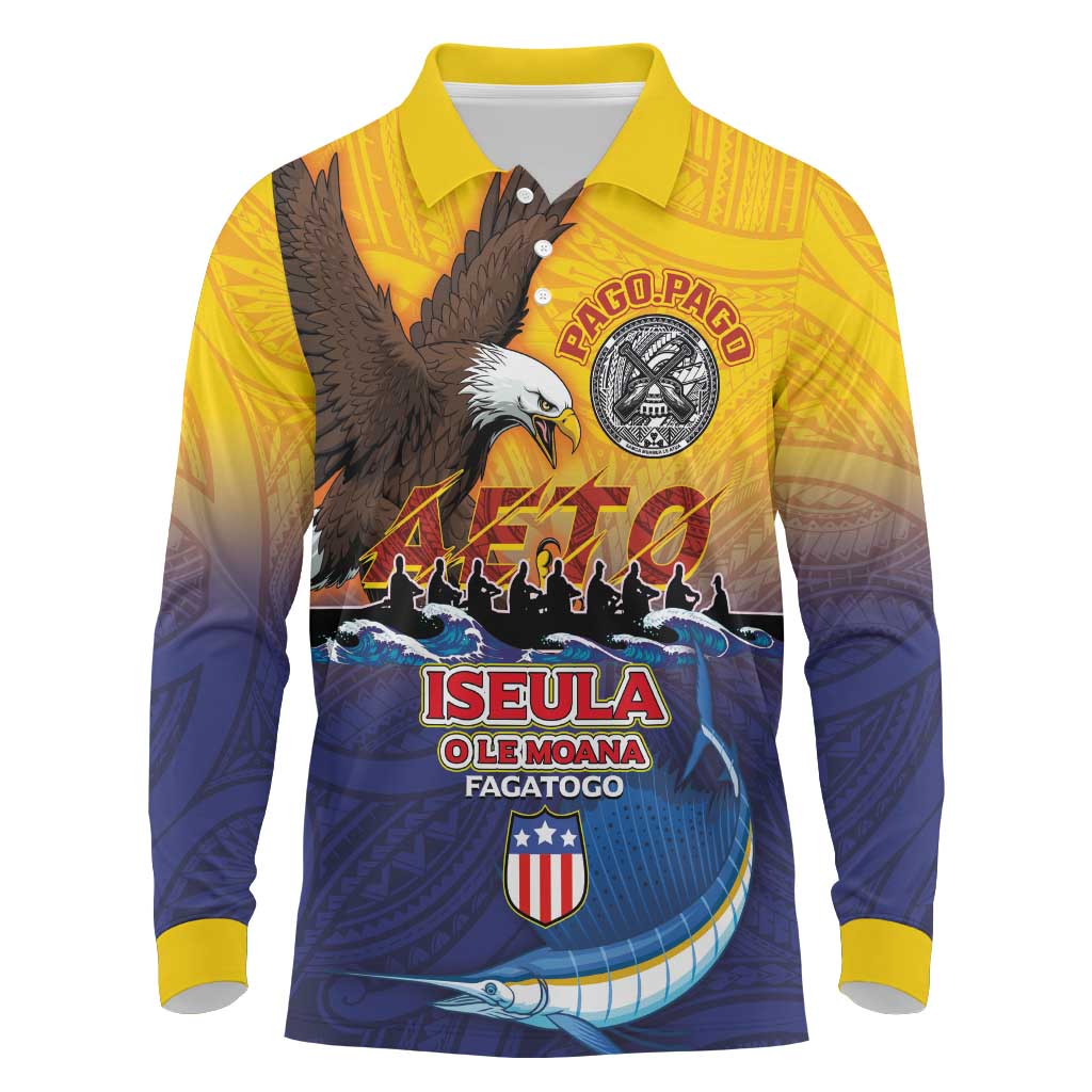 American Samoa Fautasi Long Sleeve Polo Shirt Bald Eage and Sailfish with Kakau Motifs LT03 Yellow - Polynesian Pride