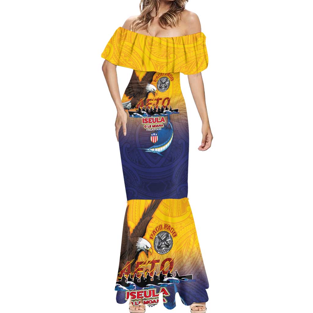 American Samoa Fautasi Mermaid Dress Bald Eage and Sailfish with Kakau Motifs LT03 - Polynesian Pride