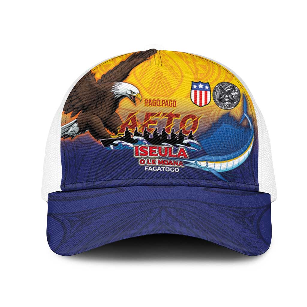 American Samoa Fautasi Mesh Trucker Cap Bald Eage and Sailfish with Kakau Motifs - Polynesian Pride