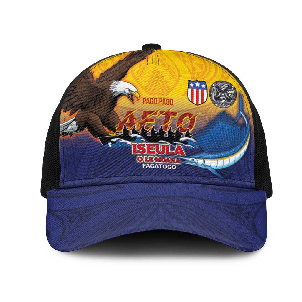 American Samoa Fautasi Mesh Trucker Cap Bald Eage and Sailfish with Kakau Motifs - Polynesian Pride