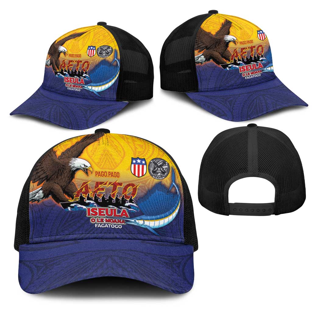 American Samoa Fautasi Mesh Trucker Cap Bald Eage and Sailfish with Kakau Motifs - Polynesian Pride