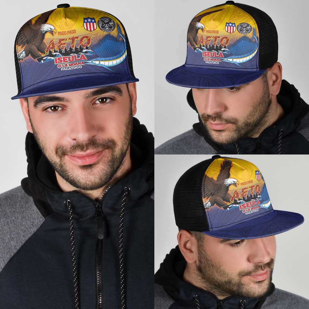 American Samoa Fautasi Mesh Trucker Cap Bald Eage and Sailfish with Kakau Motifs - Polynesian Pride