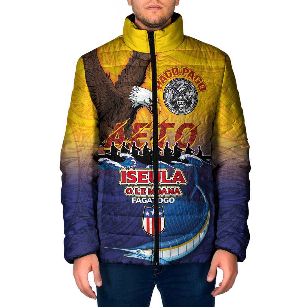 American Samoa Fautasi Padded Jacket Bald Eage and Sailfish with Kakau Motifs - Polynesian Pride