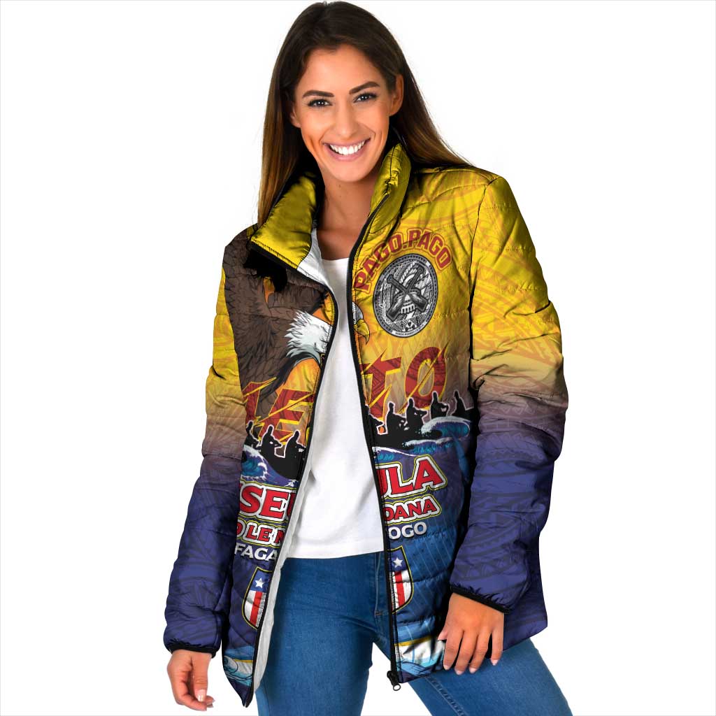 American Samoa Fautasi Padded Jacket Bald Eage and Sailfish with Kakau Motifs - Polynesian Pride