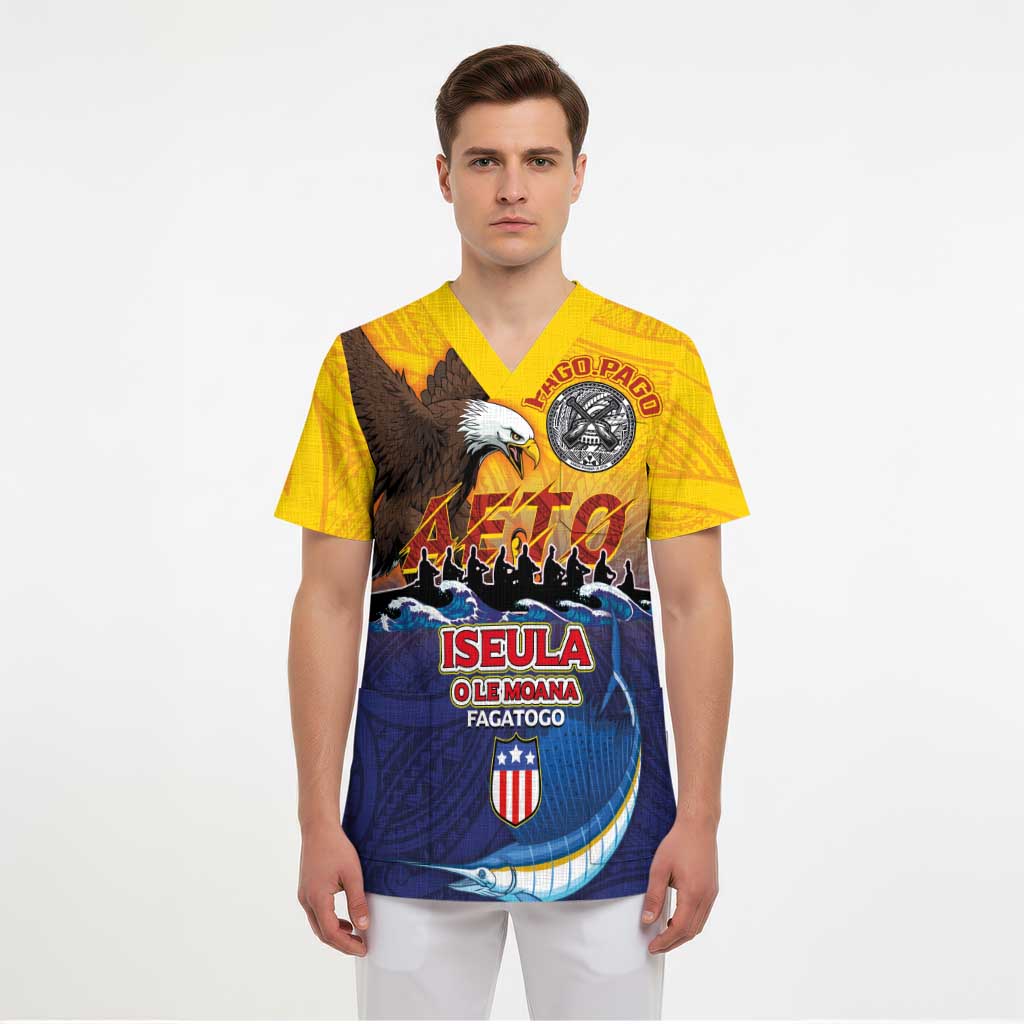 American Samoa Fautasi Scrub Top Bald Eage and Sailfish with Kakau Motifs - Polynesian Pride