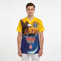 American Samoa Fautasi Scrub Top Bald Eage and Sailfish with Kakau Motifs - Polynesian Pride