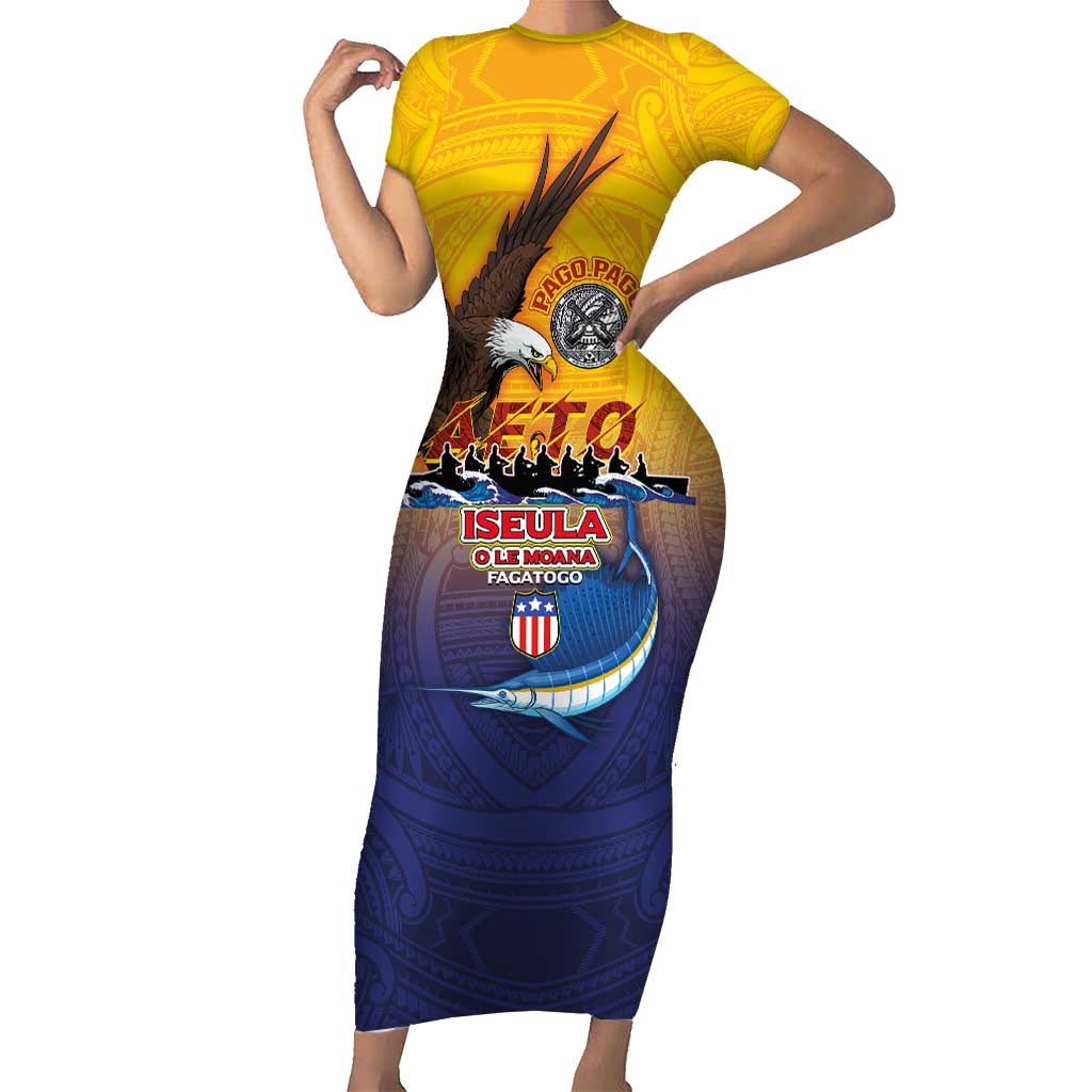American Samoa Fautasi Short Sleeve Bodycon Dress Bald Eage and Sailfish with Kakau Motifs LT03 Long Dress Yellow - Polynesian Pride