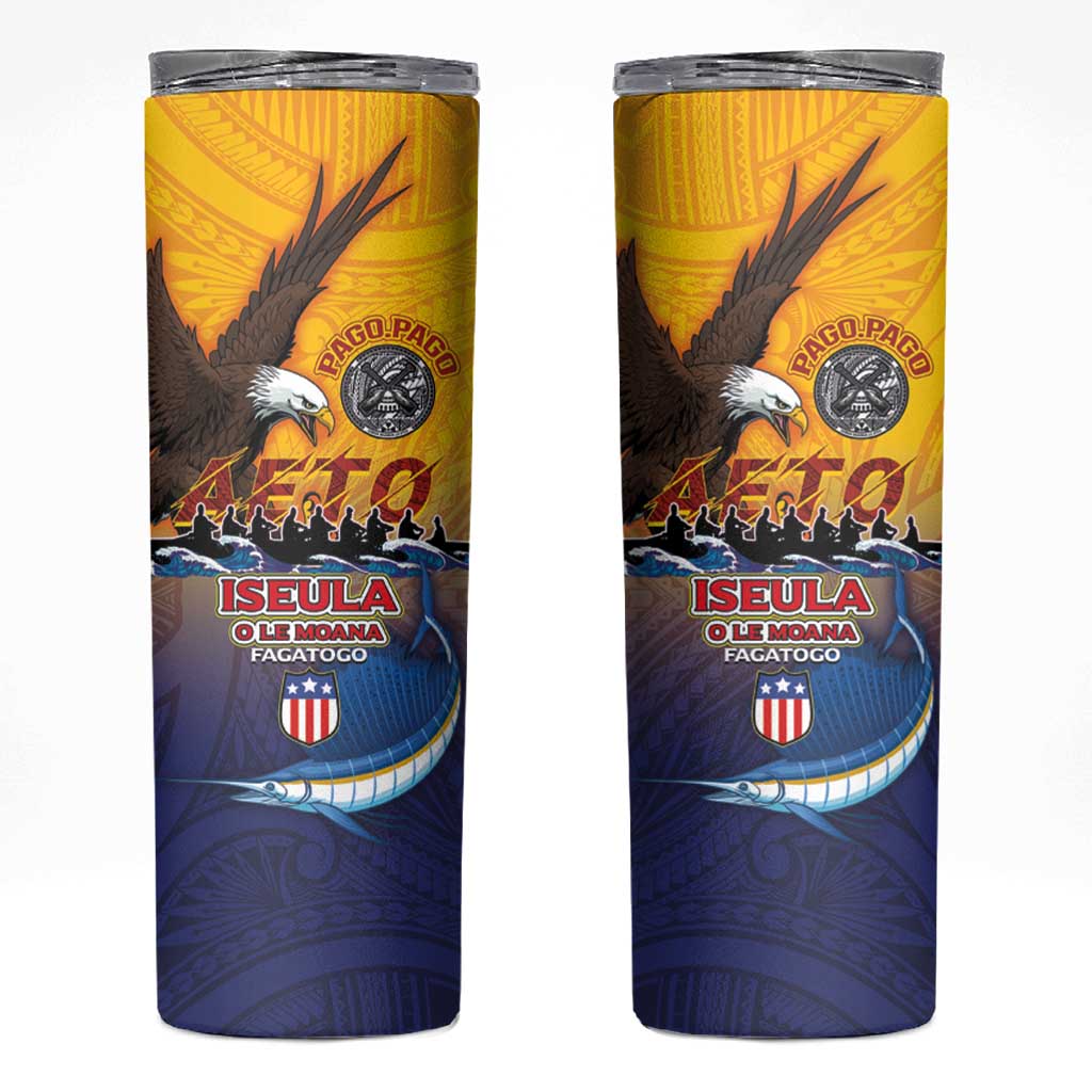 American Samoa Fautasi Skinny Tumbler Bald Eage and Sailfish with Kakau Motifs LT03 Yellow - Polynesian Pride