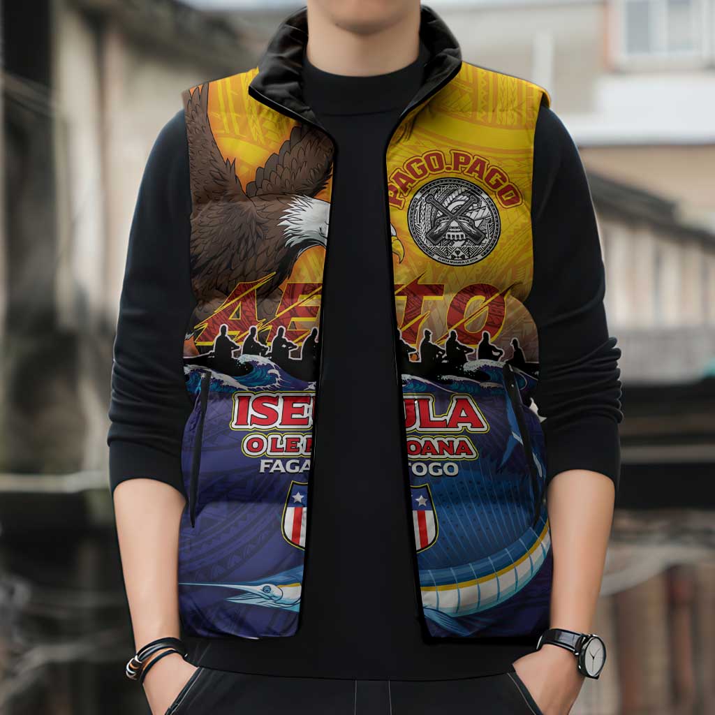 American Samoa Fautasi Sleeveless Puffer Jacket Bald Eage and Sailfish with Kakau Motifs - Polynesian Pride