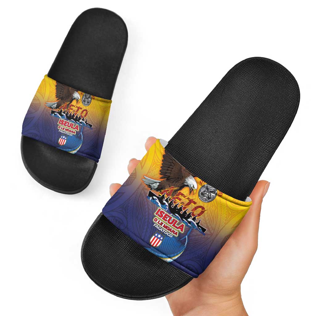 American Samoa Fautasi Slide Sandals Bald Eage and Sailfish with Kakau Motifs - Polynesian Pride