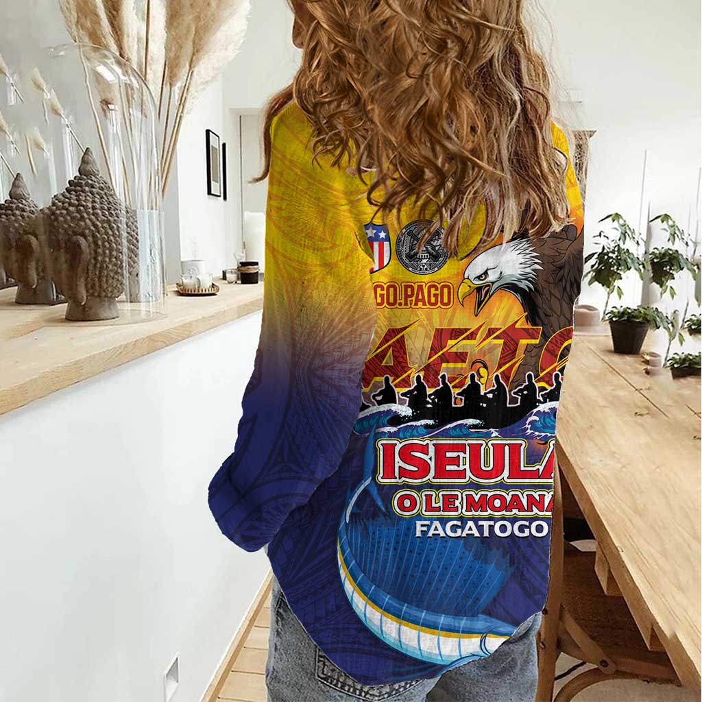 American Samoa Fautasi Women Casual Shirt Bald Eage and Sailfish with Kakau Motifs LT03 - Polynesian Pride