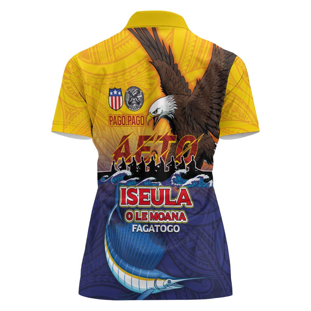 American Samoa Fautasi Women Polo Shirt Bald Eage and Sailfish with Kakau Motifs - Polynesian Pride