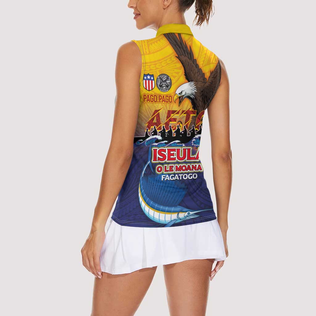 American Samoa Fautasi Women Sleeveless Polo Shirt Bald Eage and Sailfish with Kakau Motifs LT03 - Polynesian Pride
