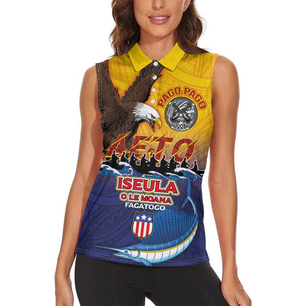 American Samoa Fautasi Women Sleeveless Polo Shirt Bald Eage and Sailfish with Kakau Motifs LT03 - Polynesian Pride