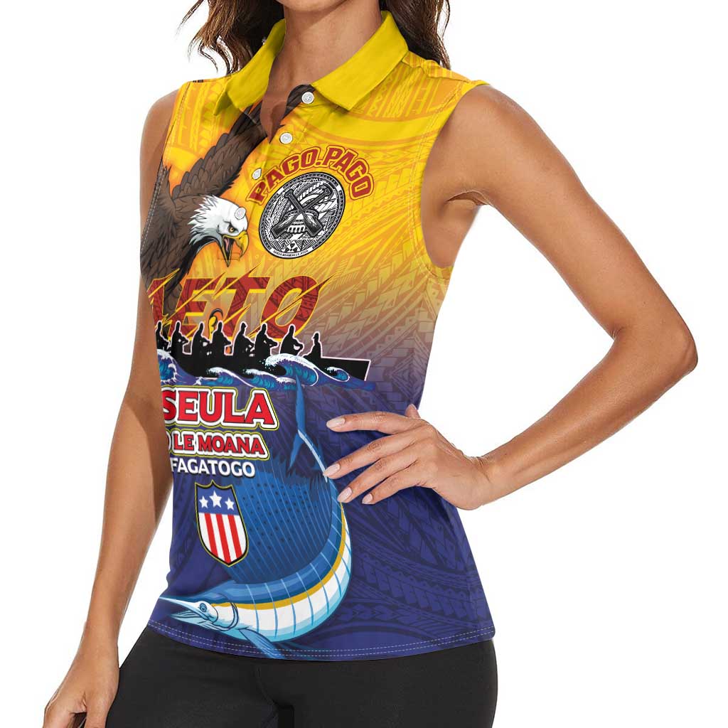 American Samoa Fautasi Women Sleeveless Polo Shirt Bald Eage and Sailfish with Kakau Motifs LT03 - Polynesian Pride