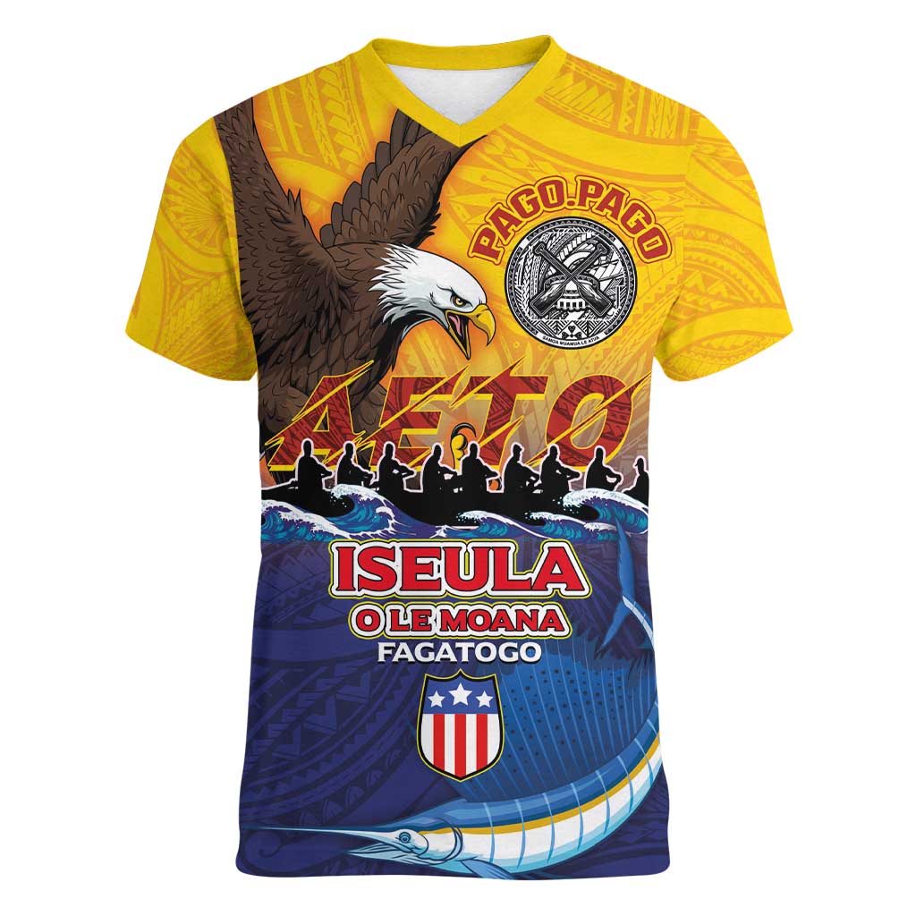 American Samoa Fautasi Women V-Neck T-Shirt Bald Eage and Sailfish with Kakau Motifs LT03 Female Yellow - Polynesian Pride