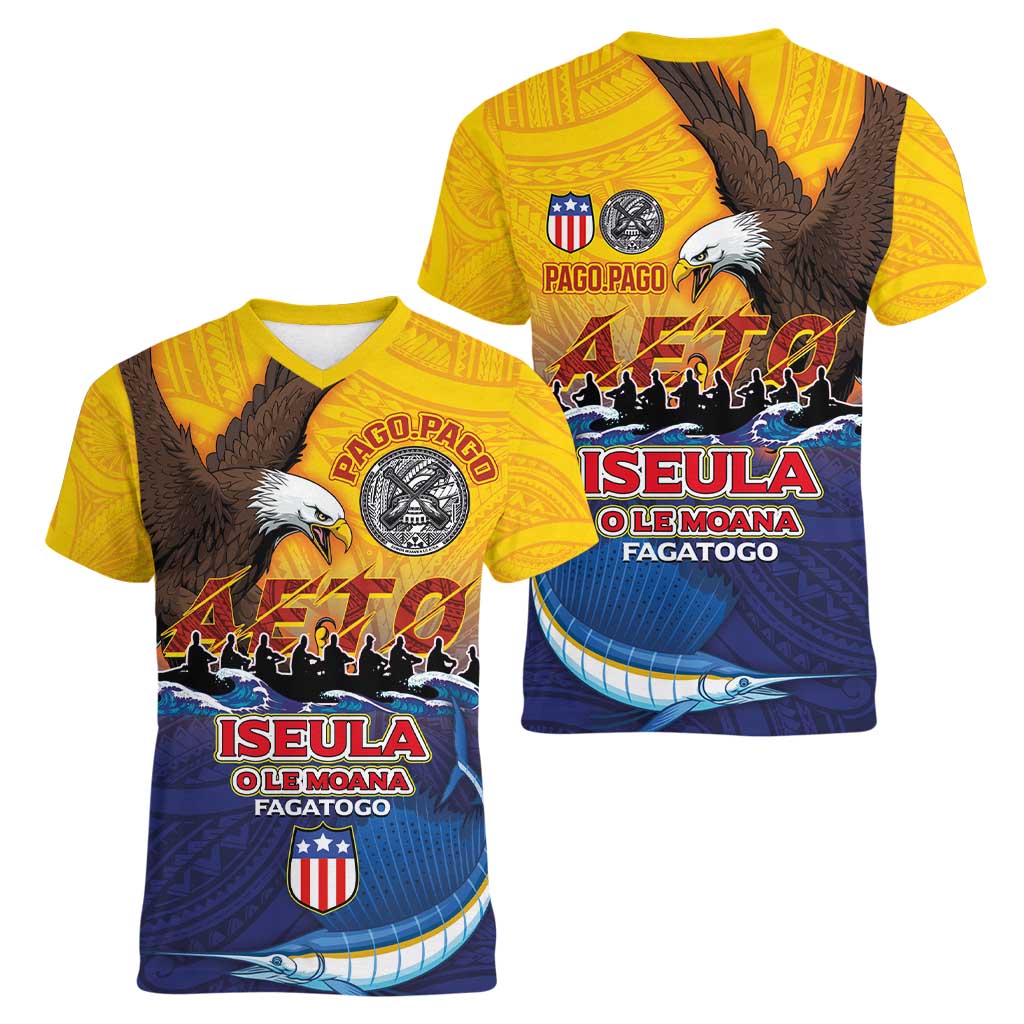 American Samoa Fautasi Women V-Neck T-Shirt Bald Eage and Sailfish with Kakau Motifs LT03 - Polynesian Pride
