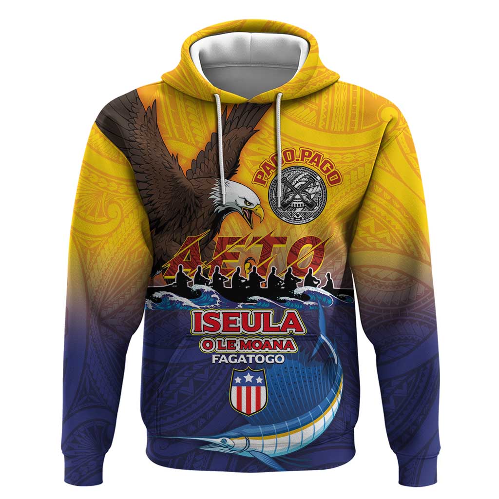 American Samoa Fautasi Zip Hoodie Bald Eage and Sailfish with Kakau Motifs - Polynesian Pride