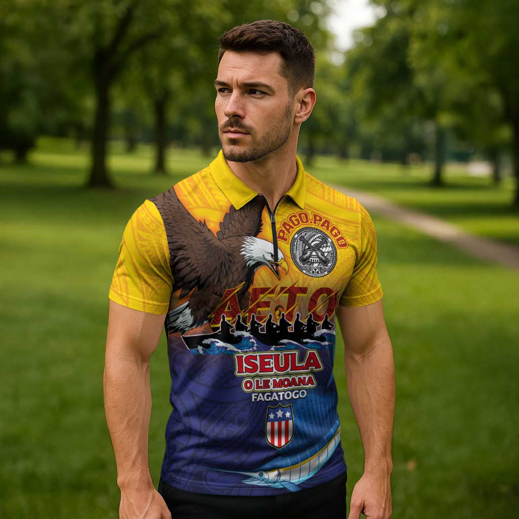 American Samoa Fautasi Zipper Polo Shirt Bald Eage and Sailfish with Kakau Motifs LT03 - Polynesian Pride