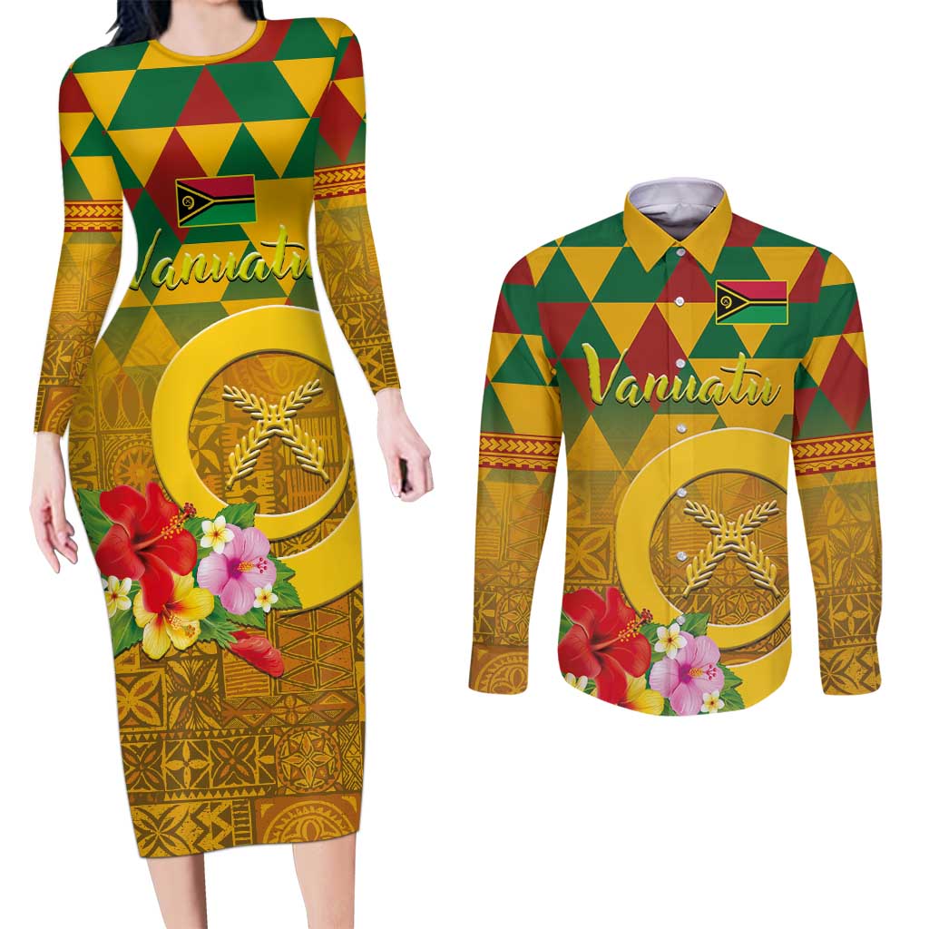 Melanesian Vanuatu Couples Matching Long Sleeve Bodycon Dress and Long Sleeve Button Shirt With Tapa Tribal Pattern and Triangle Geometric Tricolor LT03 Yellow - Polynesian Pride
