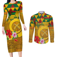 Melanesian Vanuatu Couples Matching Long Sleeve Bodycon Dress and Long Sleeve Button Shirt With Tapa Tribal Pattern and Triangle Geometric Tricolor LT03 Yellow - Polynesian Pride