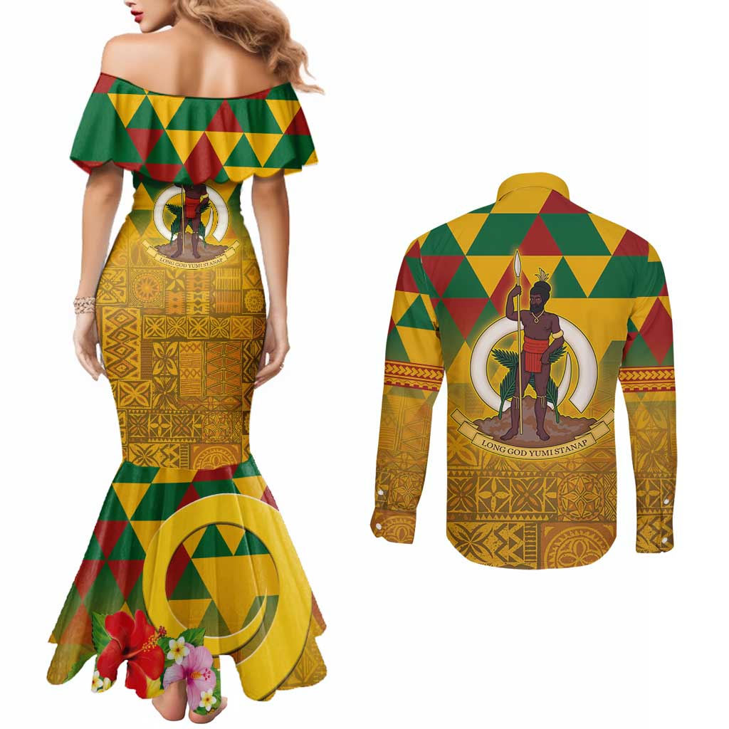 Melanesian Vanuatu Couples Matching Mermaid Dress and Long Sleeve Button Shirt With Tapa Tribal Pattern and Triangle Geometric Tricolor LT03 - Polynesian Pride