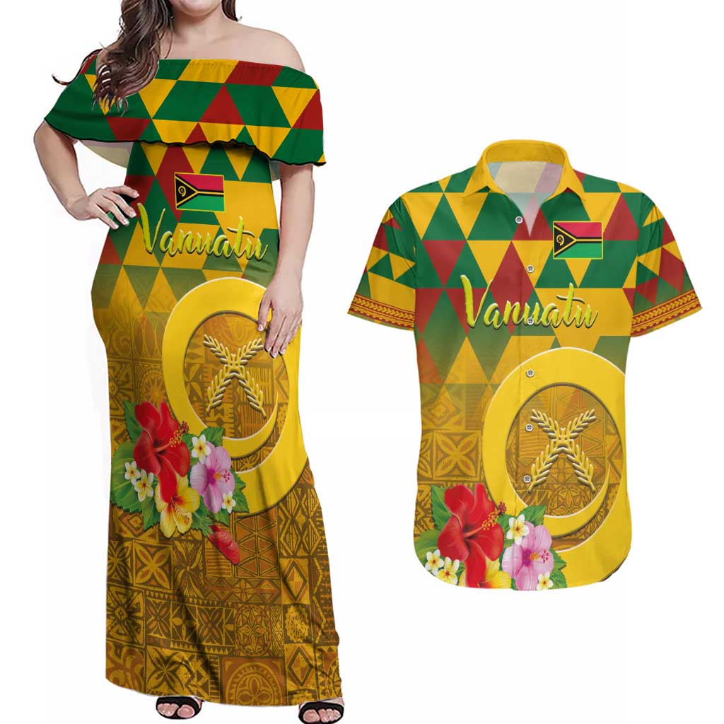 Melanesian Vanuatu Couples Matching Off Shoulder Maxi Dress and Hawaiian Shirt With Tapa Tribal Pattern and Triangle Geometric Tricolor LT03 Yellow - Polynesian Pride