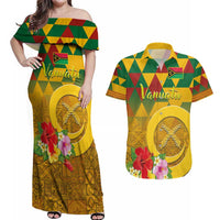Melanesian Vanuatu Couples Matching Off Shoulder Maxi Dress and Hawaiian Shirt With Tapa Tribal Pattern and Triangle Geometric Tricolor LT03 Yellow - Polynesian Pride
