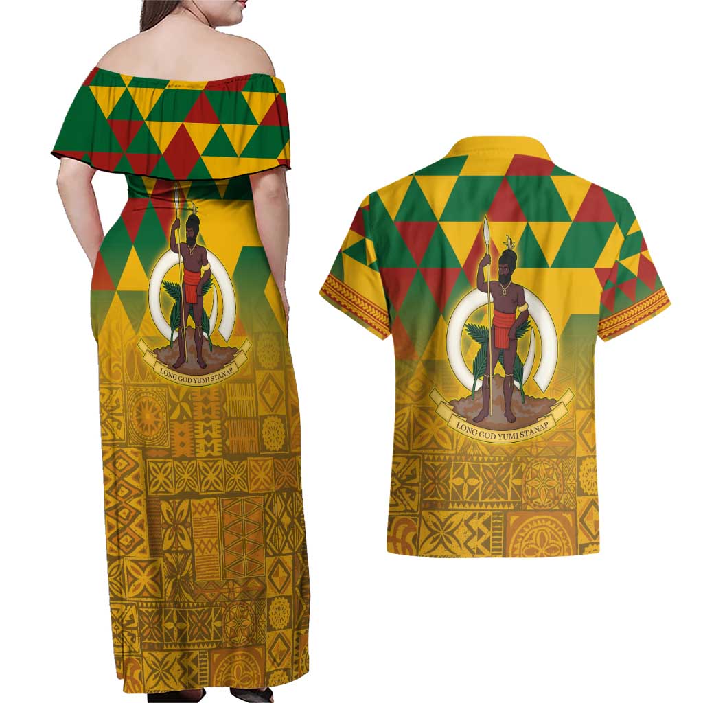 Melanesian Vanuatu Couples Matching Off Shoulder Maxi Dress and Hawaiian Shirt With Tapa Tribal Pattern and Triangle Geometric Tricolor LT03 - Polynesian Pride