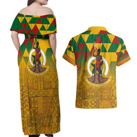 Melanesian Vanuatu Couples Matching Off Shoulder Maxi Dress and Hawaiian Shirt With Tapa Tribal Pattern and Triangle Geometric Tricolor LT03 - Polynesian Pride