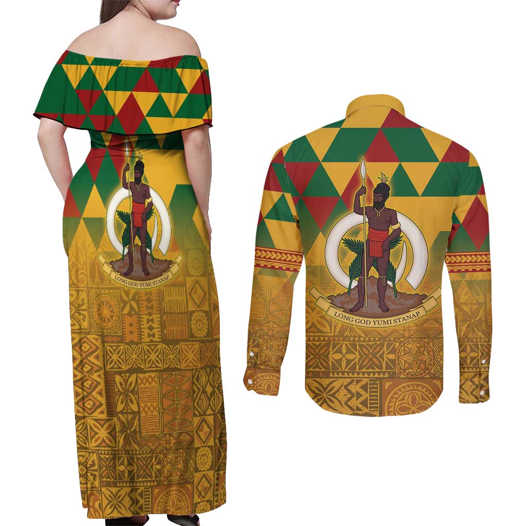 Melanesian Vanuatu Couples Matching Off Shoulder Maxi Dress and Long Sleeve Button Shirt With Tapa Tribal Pattern and Triangle Geometric Tricolor LT03 - Polynesian Pride