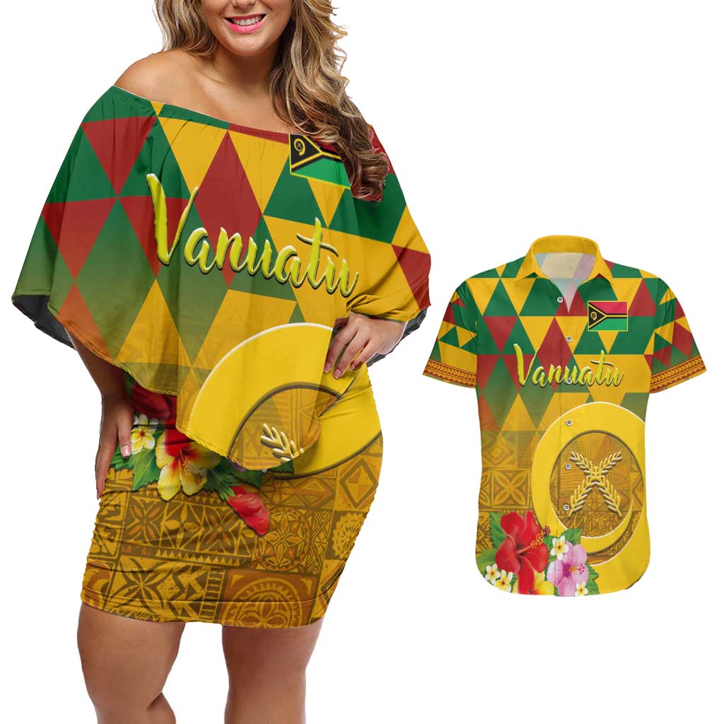 Melanesian Vanuatu Couples Matching Off Shoulder Short Dress and Hawaiian Shirt With Tapa Tribal Pattern and Triangle Geometric Tricolor LT03 Yellow - Polynesian Pride