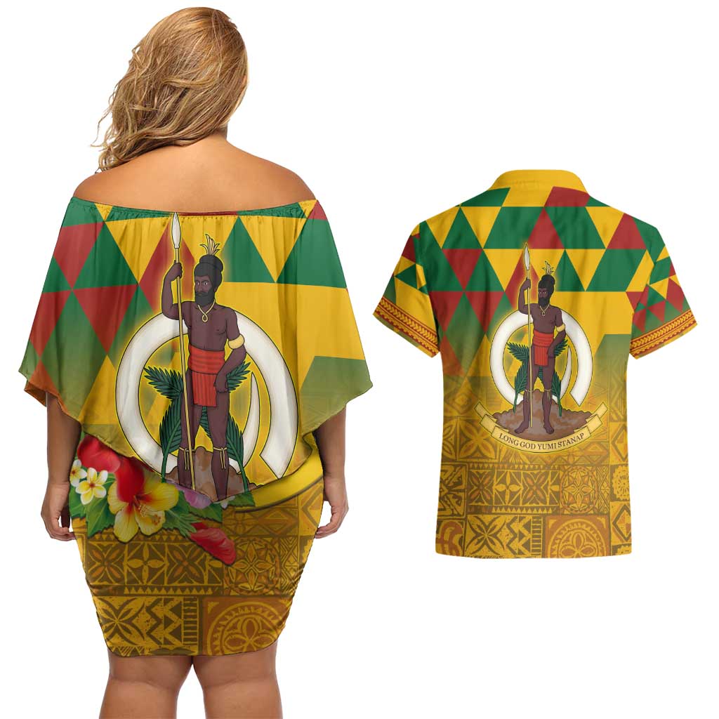 Melanesian Vanuatu Couples Matching Off Shoulder Short Dress and Hawaiian Shirt With Tapa Tribal Pattern and Triangle Geometric Tricolor LT03 - Polynesian Pride