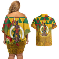 Melanesian Vanuatu Couples Matching Off Shoulder Short Dress and Hawaiian Shirt With Tapa Tribal Pattern and Triangle Geometric Tricolor LT03 - Polynesian Pride