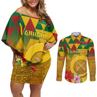 Melanesian Vanuatu Couples Matching Off Shoulder Short Dress and Long Sleeve Button Shirt With Tapa Tribal Pattern and Triangle Geometric Tricolor LT03 Yellow - Polynesian Pride