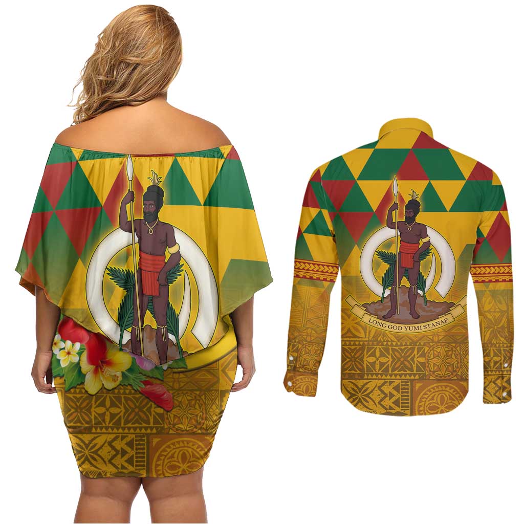 Melanesian Vanuatu Couples Matching Off Shoulder Short Dress and Long Sleeve Button Shirt With Tapa Tribal Pattern and Triangle Geometric Tricolor LT03 - Polynesian Pride