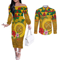 Melanesian Vanuatu Couples Matching Off The Shoulder Long Sleeve Dress and Long Sleeve Button Shirt With Tapa Tribal Pattern and Triangle Geometric Tricolor LT03 Yellow - Polynesian Pride