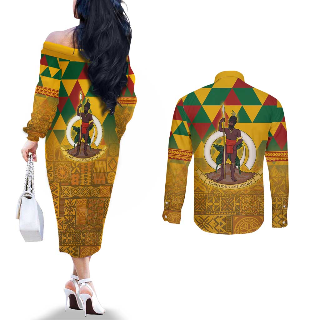 Melanesian Vanuatu Couples Matching Off The Shoulder Long Sleeve Dress and Long Sleeve Button Shirt With Tapa Tribal Pattern and Triangle Geometric Tricolor LT03 - Polynesian Pride