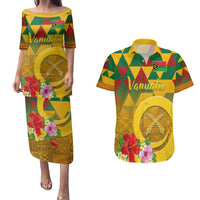 Melanesian Vanuatu Couples Matching Puletasi and Hawaiian Shirt With Tapa Tribal Pattern and Triangle Geometric Tricolor LT03 Yellow - Polynesian Pride