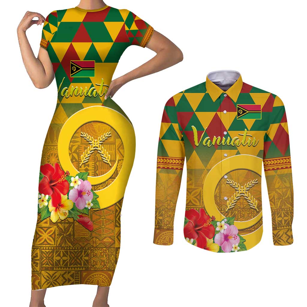 Melanesian Vanuatu Couples Matching Short Sleeve Bodycon Dress and Long Sleeve Button Shirt With Tapa Tribal Pattern and Triangle Geometric Tricolor LT03 Yellow - Polynesian Pride
