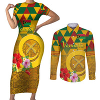 Melanesian Vanuatu Couples Matching Short Sleeve Bodycon Dress and Long Sleeve Button Shirt With Tapa Tribal Pattern and Triangle Geometric Tricolor LT03 Yellow - Polynesian Pride